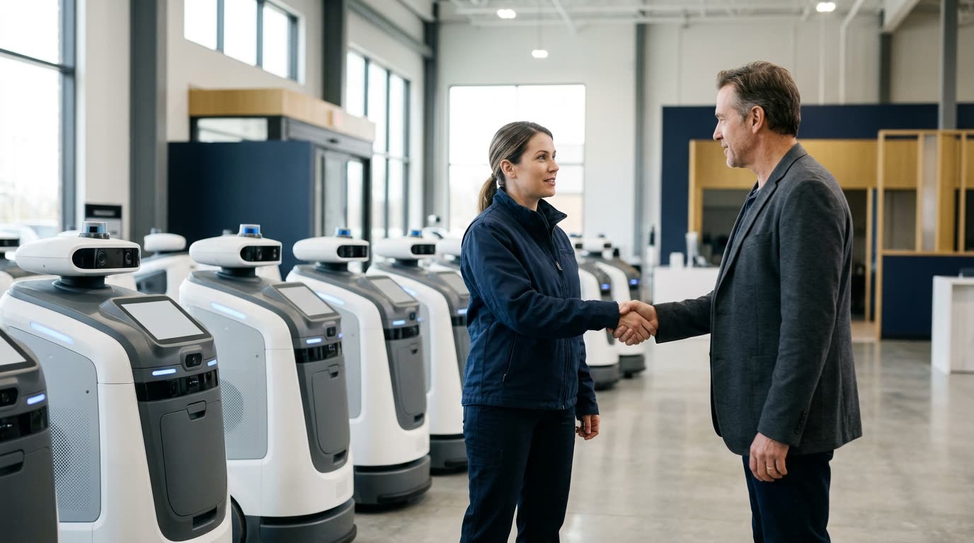 A robotics technician and a business owner shaking hands beside a row of service robots
