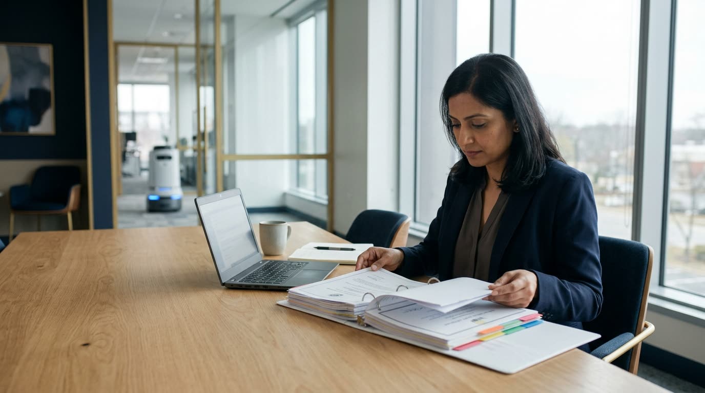 A procurement manager reviewing a binder of supplier documents at a conference table