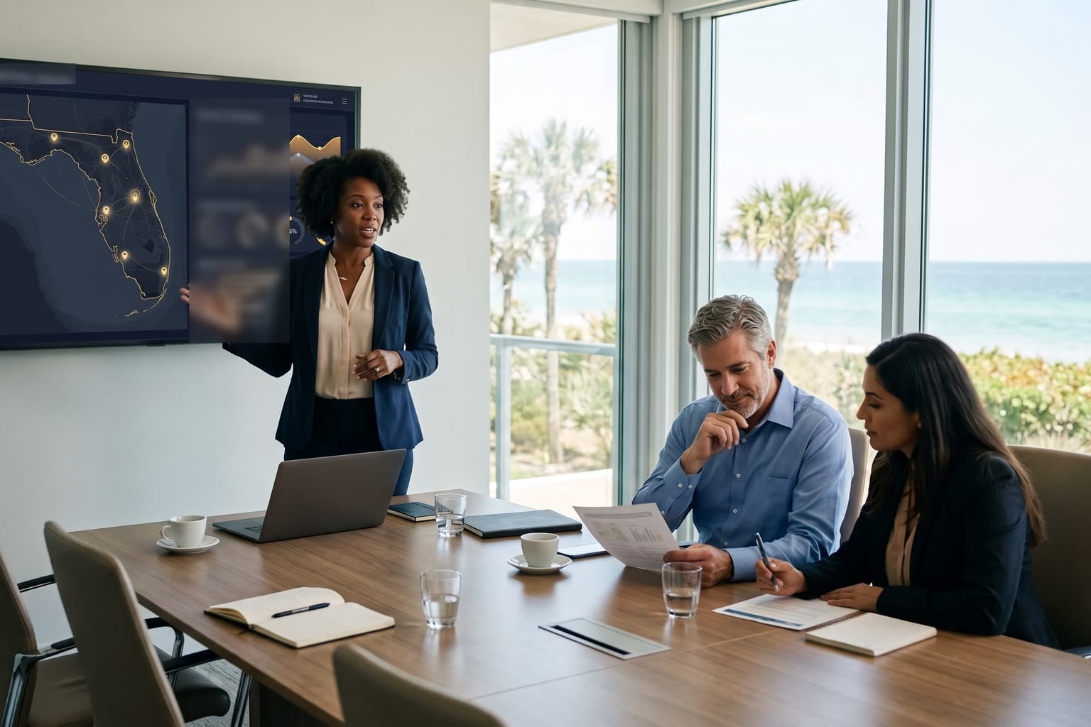 An account manager and a client reviewing one staffing plan for several locations in a bright conference room