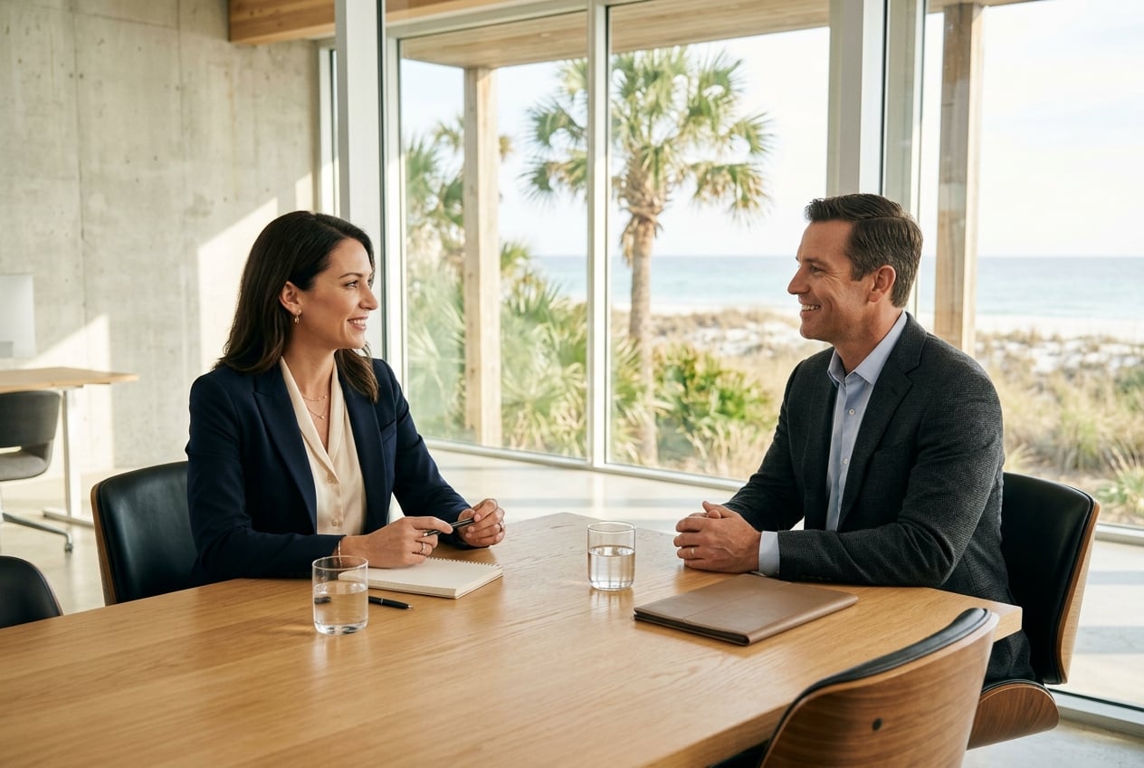 Una especialista en talento conversa con un candidato en una oficina costera llena de luz