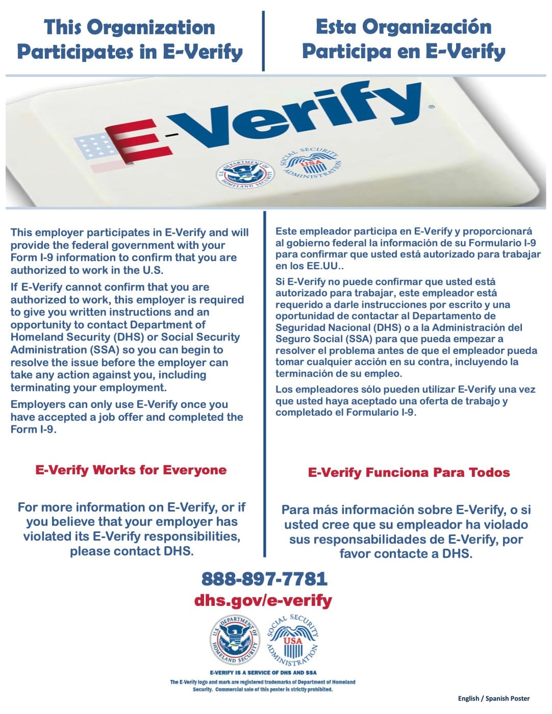 E-Verify participation poster from the Department of Homeland Security, in English and Spanish.
