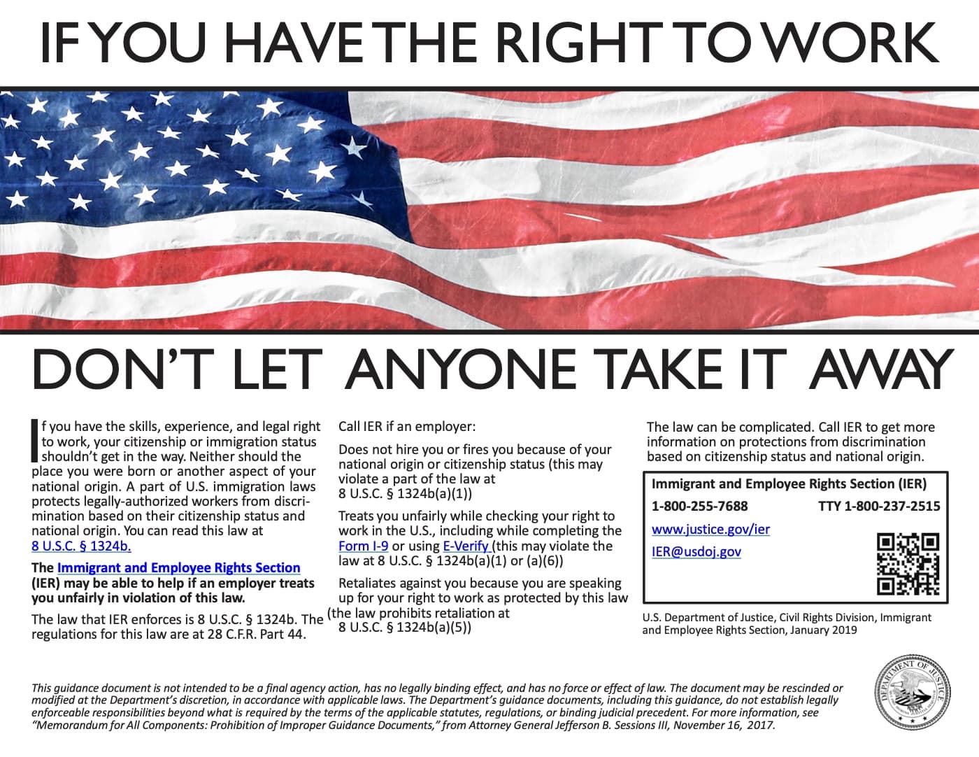 Right to work poster from the Department of Justice Immigrant and Employee Rights Section, in English and Spanish.